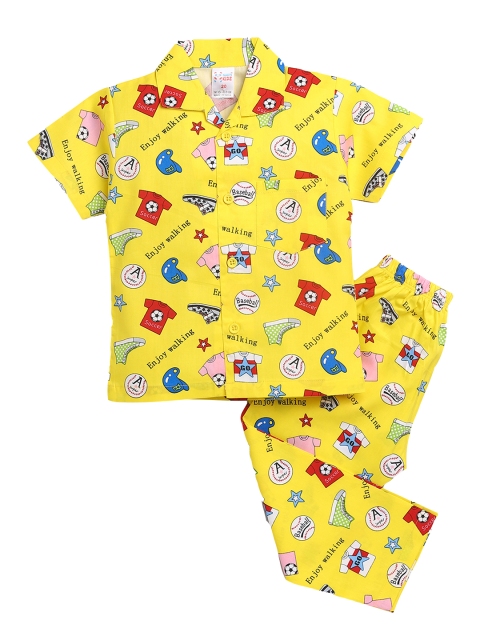 

NAUTI KIDZ Boys Yellow & White Conversational Printed Cotton Pyjama Set