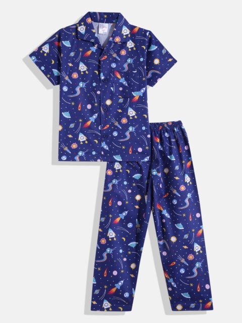 

NAUTI KIDZ Boys Blue & Yellow Conversational Printed Cotton Pyjama Set
