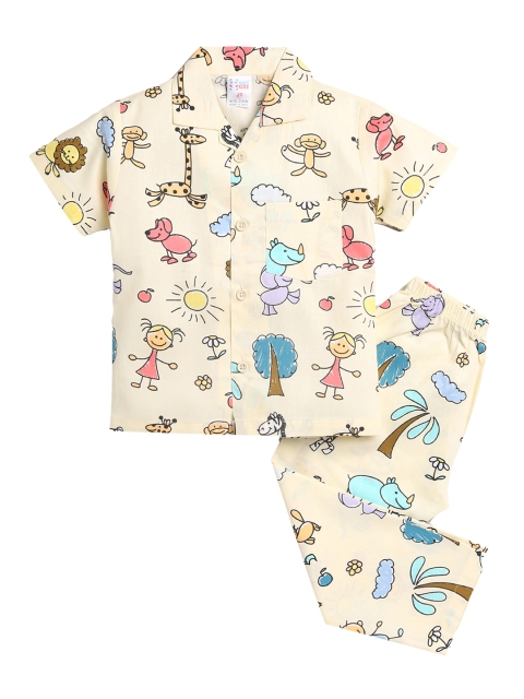 

NAUTI KIDZ Boys Beige & Blue Conversational Printed Cotton Pyjama Set