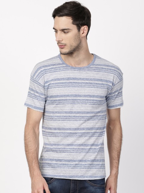 

ether Men Blue Off-White Striped Pure Cotton T-shirt