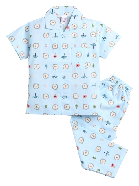 

NAUTI KIDZ Boys Blue & Green Conversational Printed Cotton Pyjama Set