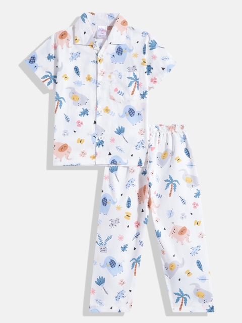 

NAUTI KIDZ Boys White & Blue Conversational Printed Cotton Pyjama Set