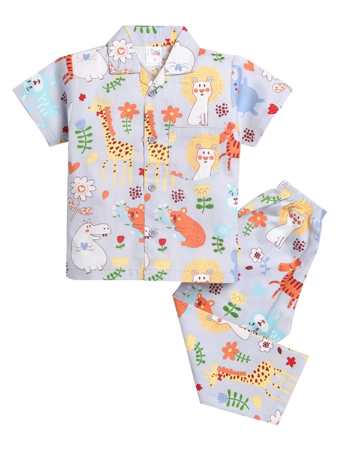 

NAUTI KIDZ Boys Grey & Blue Pure Cotton Conversational Print Pyjama Set