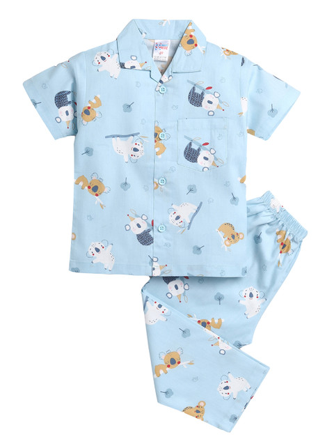 

NAUTI KIDZ Boys Blue & White Printed Pure Cotton Pyjama Set