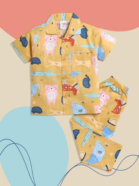 

NAUTI KIDZ Boys Brown & Blue Pure Cotton Conversational Print Pyjama Set