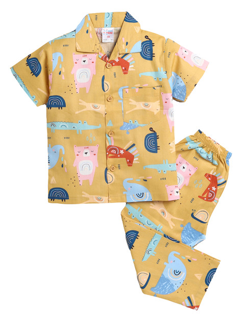 

NAUTI KIDZ Boys Brown & Blue Pure Cotton Conversational Print Pyjama Set