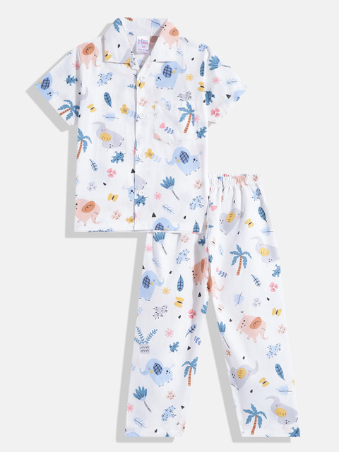 

NAUTI KIDZ Boys White & Blue Conversational Printed Cotton Pyjama Set