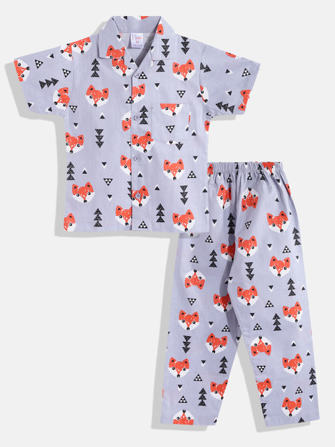 

NAUTI KIDZ Boys Grey & Black Printed Pure Cotton Pyjama Set