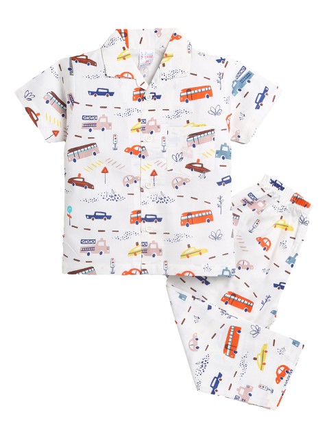 

NAUTI KIDZ Boys White & Blue Printed Cotton Pyjama Set