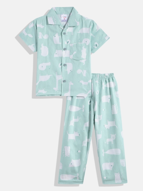 

NAUTI KIDZ Boys Sea Green & White Printed Cotton Pyjama Set