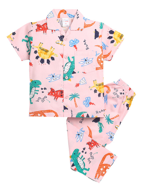 

NAUTI KIDZ Boys Pink & Green Conversational Printed Cotton Pyjama Set