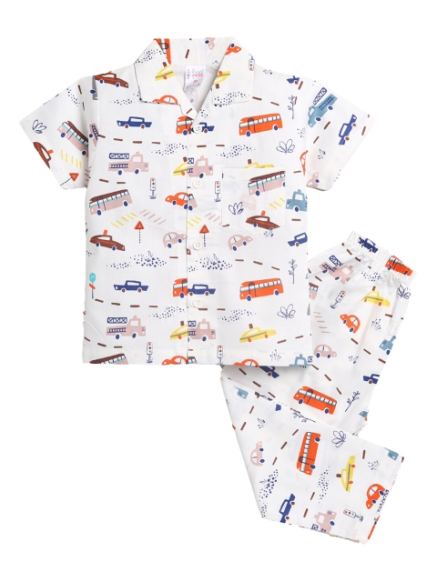 

NAUTI KIDZ Boys White & Blue Conversational Printed Cotton Pyjama Set