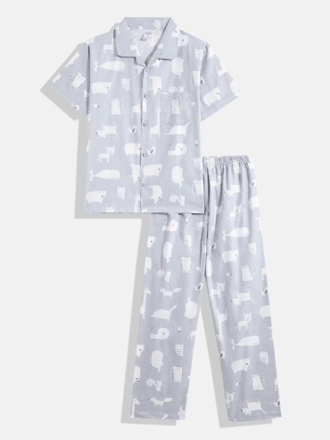 

NAUTI KIDZ Boys Grey & White Printed Cotton Pyjama Set