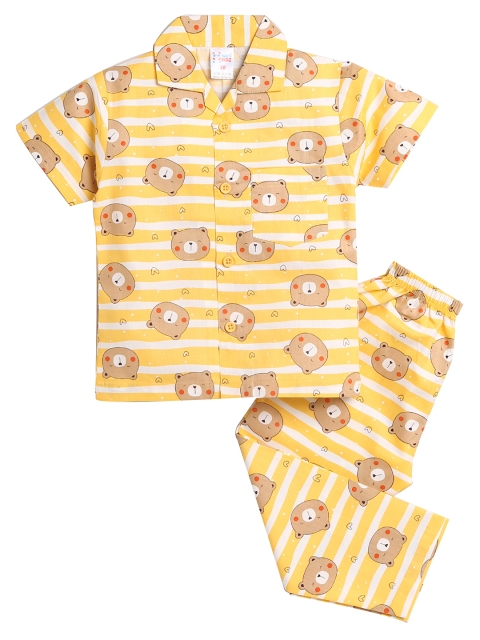 

NAUTI KIDZ Boys White & Yellow Striped & Printed Pure Cotton Pyjama Set