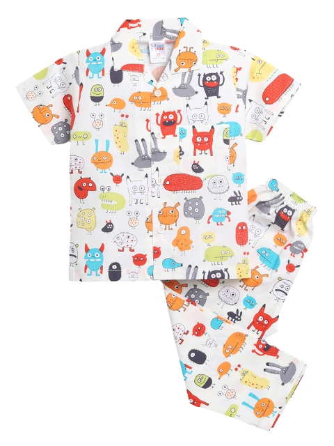 

NAUTI KIDZ Boys Off White & Blue Pure Cotton Conversational Print Pyjama Set