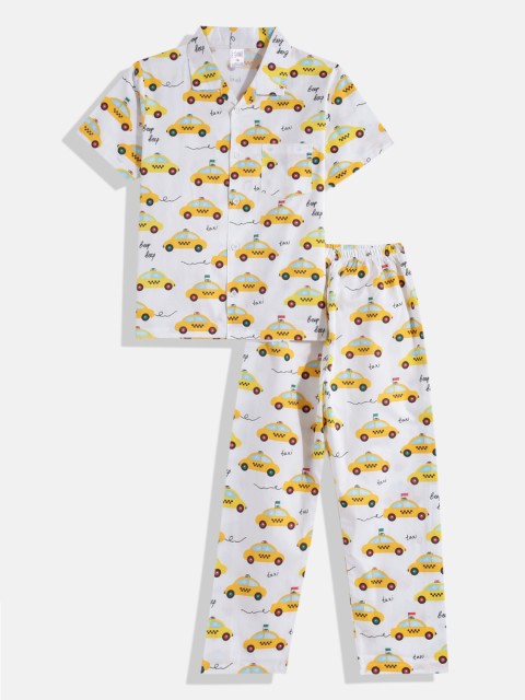

NAUTI KIDZ Boys White & Yellow Conversational Printed Cotton Pyjama Set