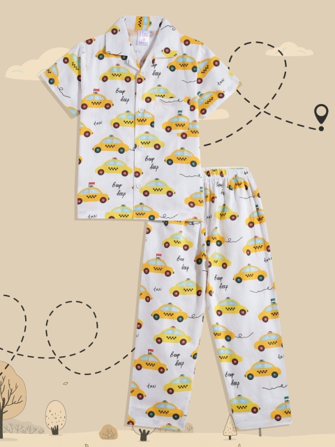 

NAUTI KIDZ Boys White & Yellow Conversational Printed Cotton Pyjama Set