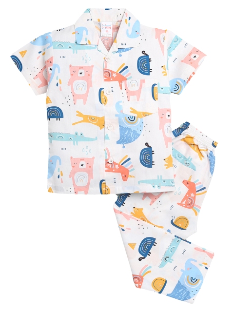 

NAUTI KIDZ Boys White & Blue Pure Cotton Conversational Print Pyjama Set