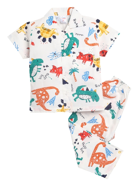 

NAUTI KIDZ Boys White & Orange Conversational Printed Cotton Pyjama Set
