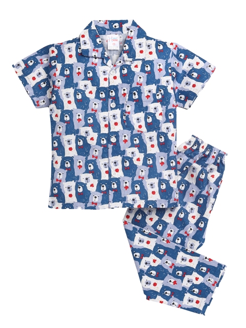 

NAUTI KIDZ Boys Blue & White Conversational Printed Cotton Pyjama Set