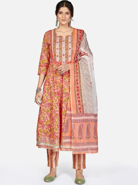 

KALINI Women Peach-Coloured Ethnic Motifs Printed Layered Thread Work Pure Cotton Kurta with Trousers & Dupatta