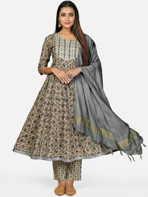 

KALINI Women Grey Ethnic Motifs Printed Empire Thread Work Pure Cotton Kurta with Palazzos Dupatta