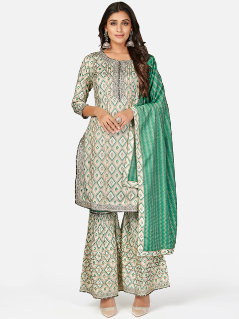 

KALINI Women Turquoise Blue Ethnic Motifs Printed Gotta Patti Kurti with Sharara & With Dupatta