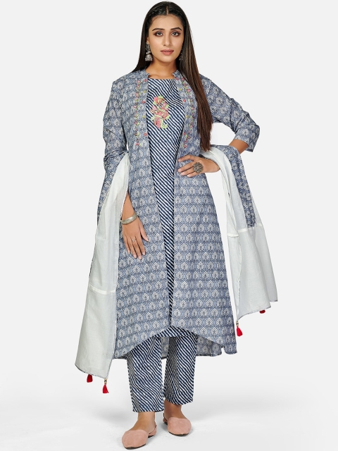 

KALINI Women Grey Printed Panelled Thread Work Pure Cotton Kurta with Trousers & With Dupatta