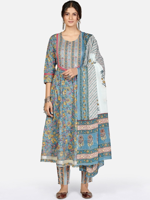 

KALINI Women Blue Floral Embroidered Pleated Thread Work Pure Cotton Kurta Trouser Set With Dupatta