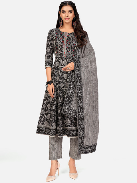 

KALINI Women Black Ethnic Motifs Printed Pleated Pure Cotton Kurta with Trousers & Dupatta