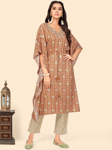 

KALINI Women Brown Floral Printed Angrakha Sequinned Kurti with Trousers