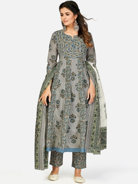 

KALINI Women Grey Floral Printed Pleated Pure Cotton Kurta with Trousers & With Dupatta