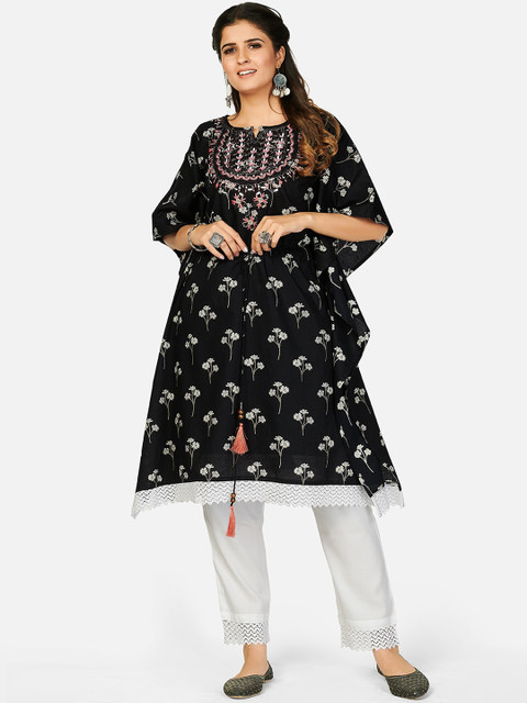 

KALINI Women Black Embroidered Thread Work Pure Cotton Kurta with Trousers
