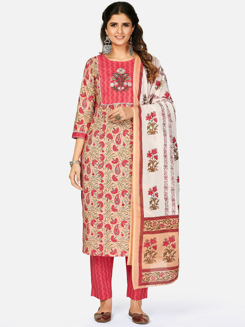 

KALINI Women Beige Printed Panelled Thread Work Pure Cotton Kurti with Salwar & With Dupatta