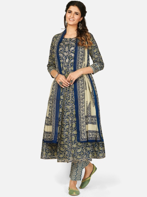 

KALINI Blue Printed Gotta Patti Cotton Kurta with Trousers & With Dupatta