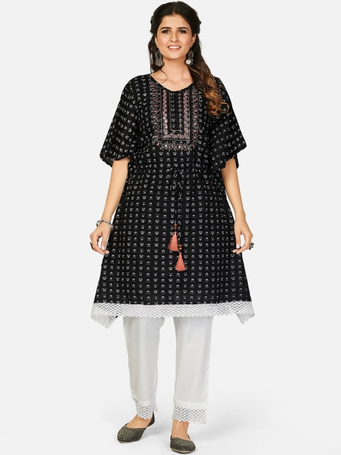 

KALINI Black Floral Printed Pure Cotton Kaftan Kurta With Trousers