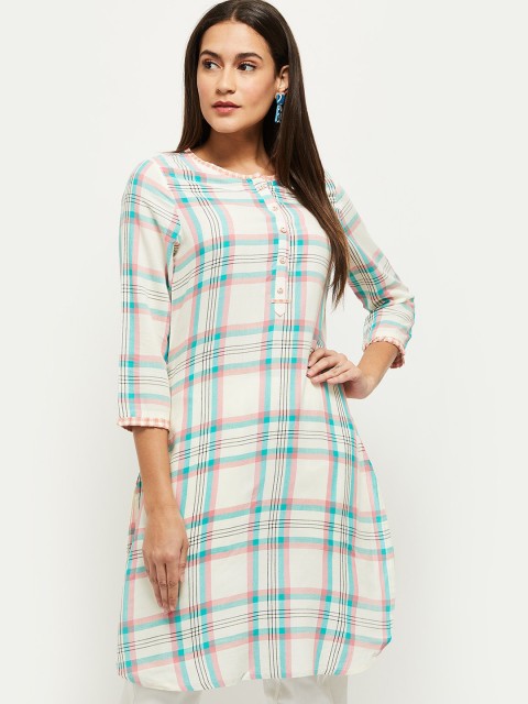 

max Women Cream-Coloured & Turquoise Blue Checked Kurta