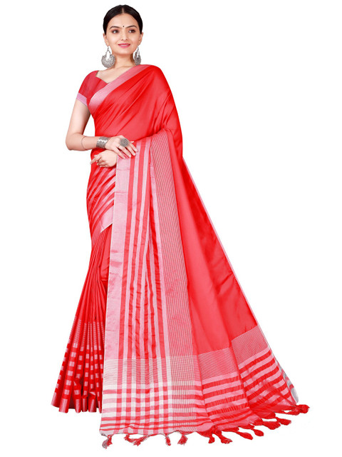 

Florence Red & Silver-Toned Striped Zari Saree