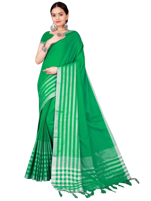 

Florence Green & Silver-Toned Striped Printed Zari Saree