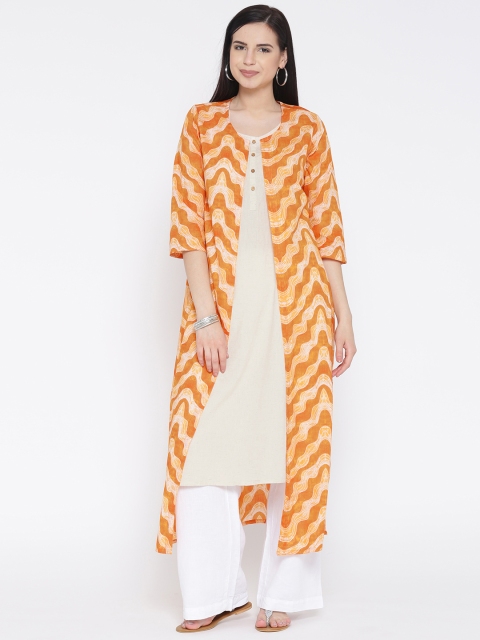 

RANGMANCH BY PANTALOONS Women Orange & Beige Printed Layered Straight Kurta