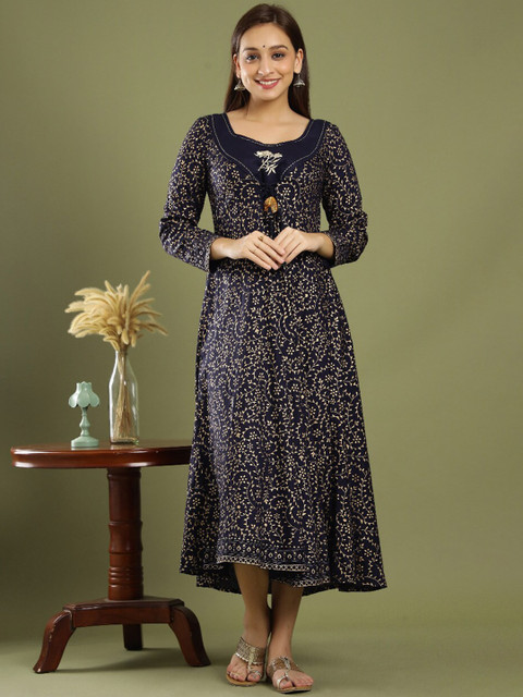 

KEEP CART Navy Blue Ethnic Motifs Ethnic Midi Dress