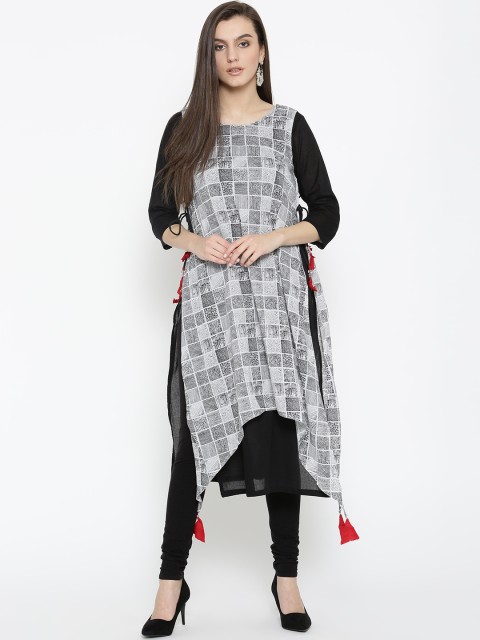 

RANGMANCH BY PANTALOONS Women Black Printed Layered A-Line Asymmetric Kurta