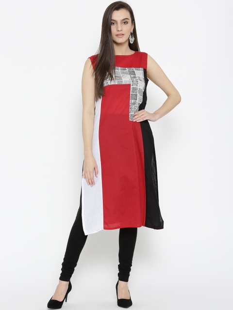 

RANGMANCH BY PANTALOONS Women Red & Black Woven Design Straight Kurta
