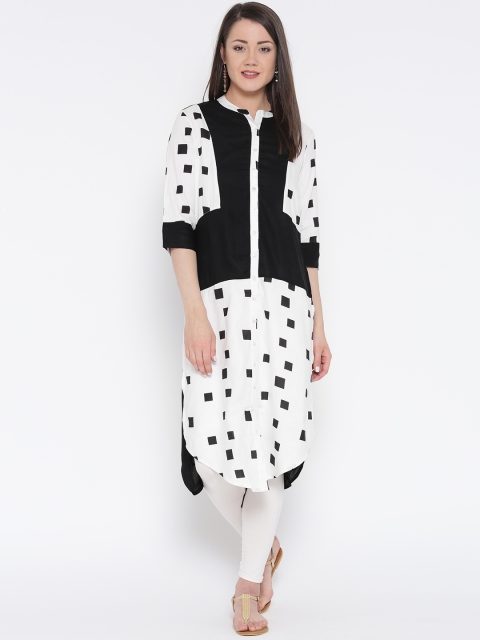 

RANGMANCH BY PANTALOONS Women Black & Off-White Printed Straight Kurta