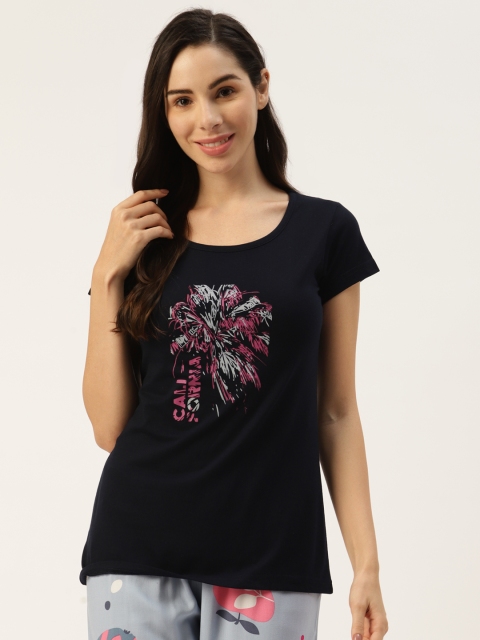 

BROOWL Women Black & Pink Abstract Printed Pure Cotton Lounge Tshirt