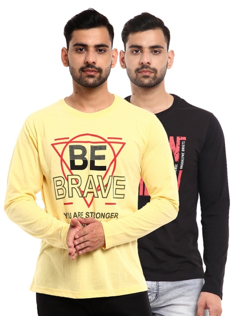 

V-Mart Men Pack of 2 Black & Yellow Pure Cotton Printed T-shirts