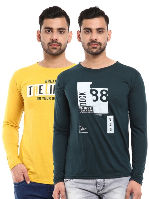 

V-Mart Men Pack of 2 Green & Yellow Pure Cotton Slim Fit T-shirt