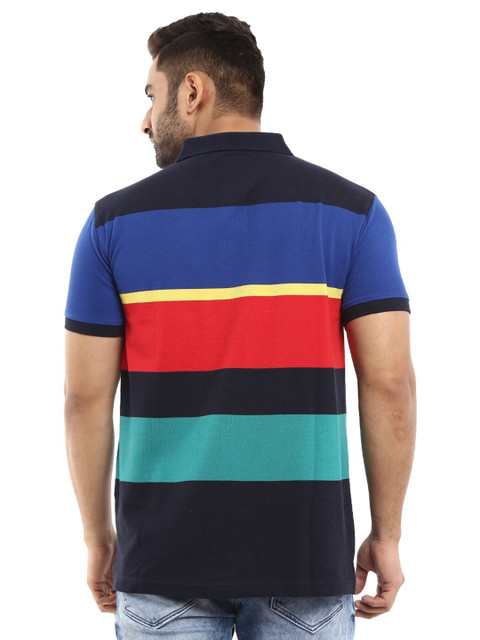 

V-Mart Men Navy Blue Striped Mandarin Collar Applique T-shirt
