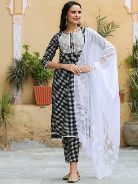 

GILLORI Women Black High Slit Pure Cotton Kurta with Trousers & With Dupatta