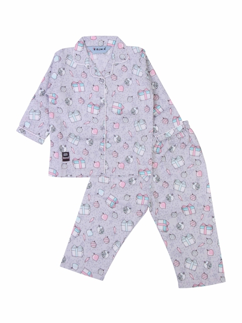 

Enfance Kids Grey & Pink Printed Cotton Nightsuit